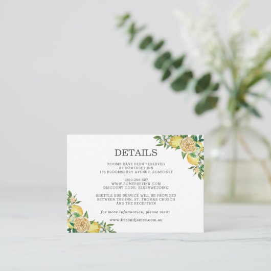 Citroen Citrus Bloemen Groen Bruiloft Details Informatiekaartje (Staand voorkant)