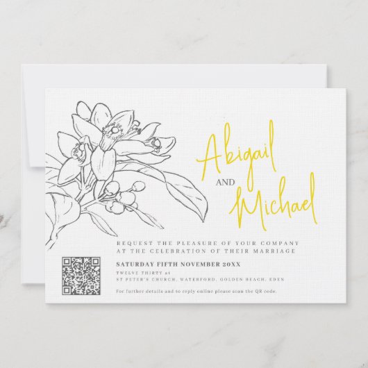 Citroen citrus bloesem potlood schets geel bruilof kaart (Voorkant)