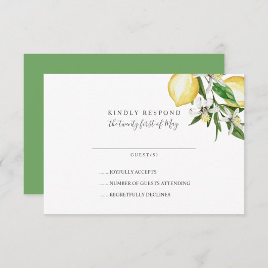 Citroen Citrus en bladeren groen Bruiloft RSVP (Voorkant / Achterkant)