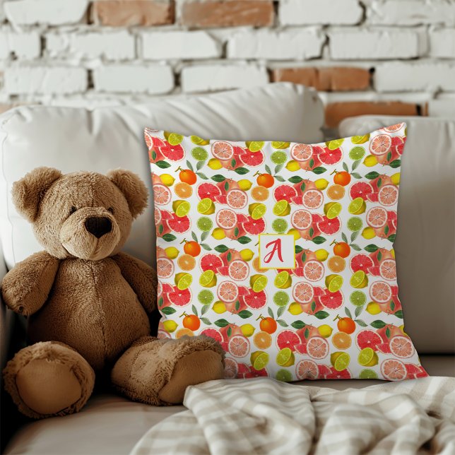 Citroen citrus geel rood Patroon  Kussen (The charming design showcases a mix of cheerful citrus fruits like lemons, grapefruits, limes.)