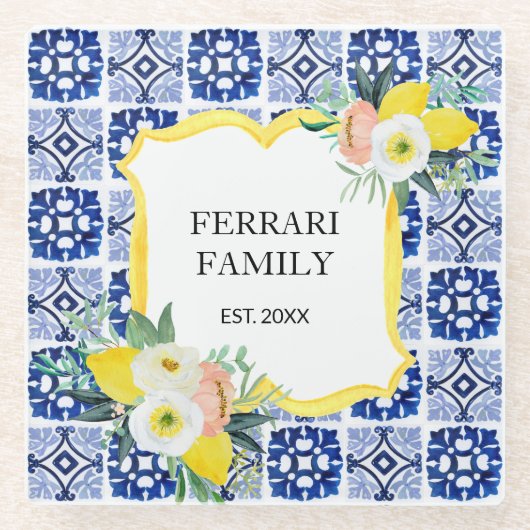 Citroen Citrus Italiaans Mediterraan Tegels Patroo Glazen Onderzetter (Voorkant)