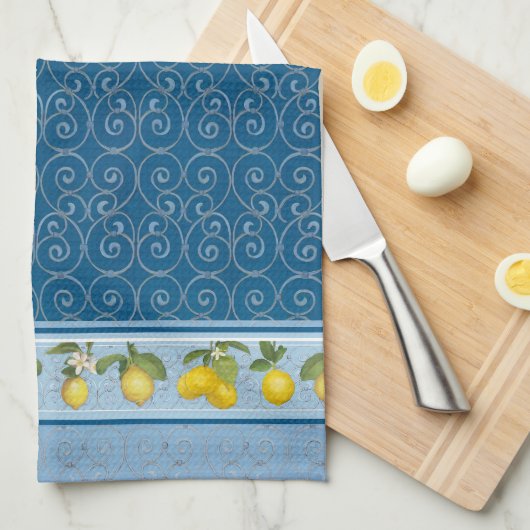 Citroen Citrus Trellis Franse Boerderij Marine Theedoek (Quarter Fold)