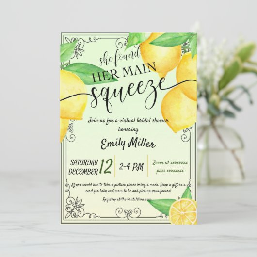 Citroen citrus virtuele bruids douche uitnodiging (Staand voorkant)