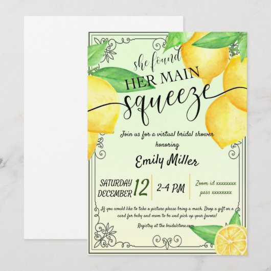 Citroen citrus virtuele bruids douche uitnodiging (Voorkant / Achterkant)