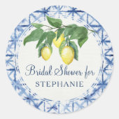 Citroen Citrus w Blad Blauw in Wit Patroon Ronde Sticker (Voorkant)