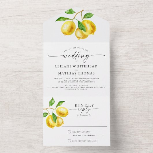 Citroen Citrus Waterverf Bruiloft All In One Uitnodiging (Binnen)