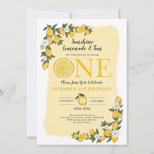 Citroen Citrus Zomer Lemonade 1e Verjaardagsfeest Kaart (Voorkant)
