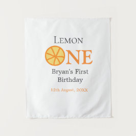 Citroen een gelukkige 1e verjaardag sinaasappel gr wandkleed