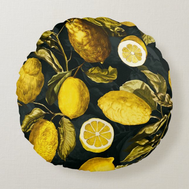 Citroen en blad patroon V Rond Kussen (Voorkant)