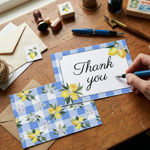 Citroen en Blauw Gingham Dankkaart Notitiekaartje