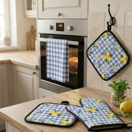 Citroen en Blauw Gingham Keuken Essentiëlen Ovenwant & Pannenlap Set