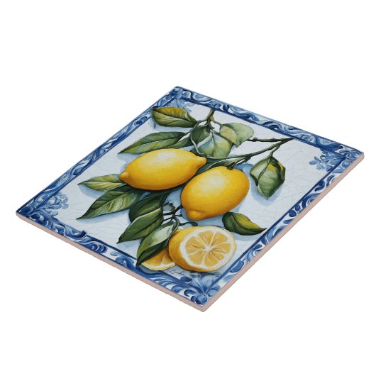 citroen en blauw rand keramische Tegel Tegeltje (Zijkant)