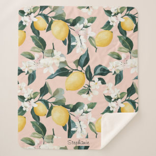  citroen en bloesem patroon op roze sherpa deken