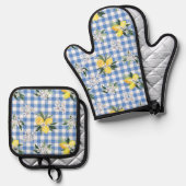 Citroen en Blue Gingham Keuken Essentials Ovenwant & Pannenlap Set (Voorkant / Achterkant)