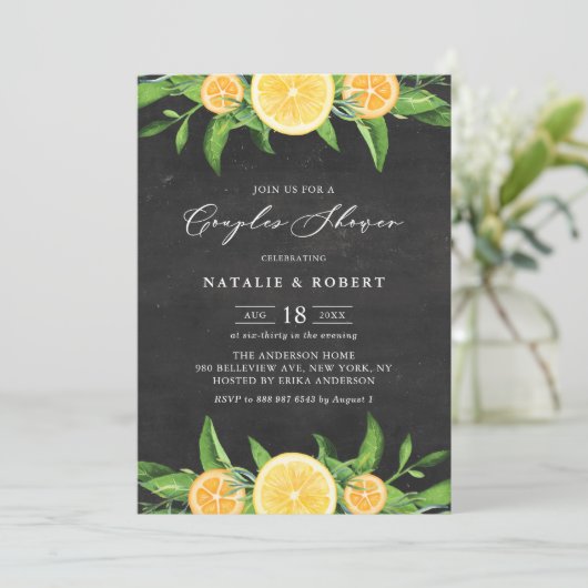 Citroen- en Clementijnschoolbord Koppel Bruisparty Kaart (Staand voorkant)