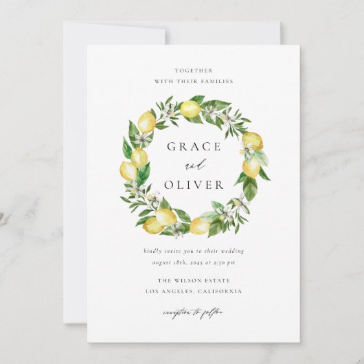 Citroen en groen krans QR Code bruiloft Kaart (Voorkant)