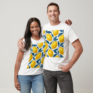 Citroen en Indigo Leaf Botanische Patroon T-shirt