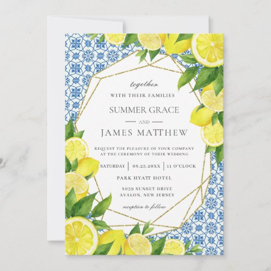 Citroen Foliage Mediterrane bruiloft uitnodiging (Voorkant)