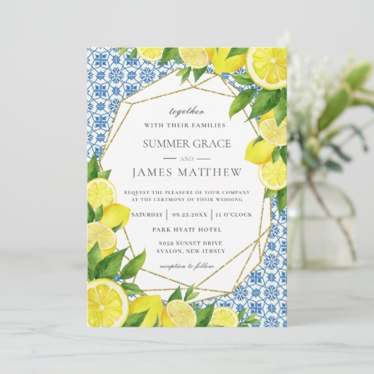 Citroen Foliage Mediterrane bruiloft uitnodiging (Staand voorkant)