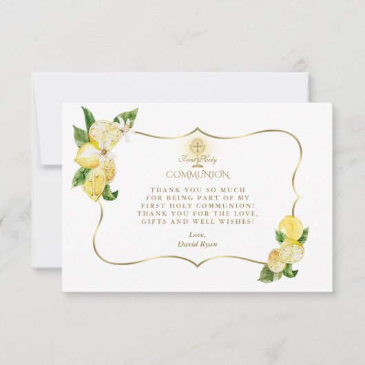 Citroen Fruit Bloemen Gouden Kruis Jongen Heilige  Bedankkaart (Voorkant)