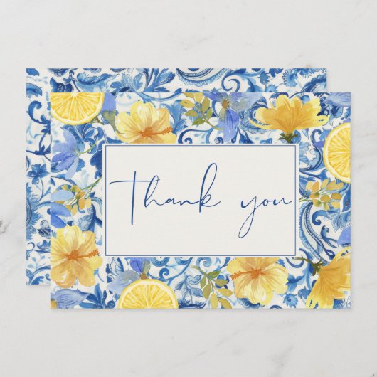 Citroen hoofdsqueeze bruiloftsuitnodiging blauw bedankkaart (Voorkant / Achterkant)