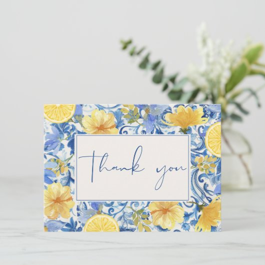 Citroen hoofdsqueeze bruiloftsuitnodiging blauw bedankkaart (Staand voorkant)