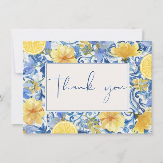 Citroen hoofdsqueeze bruiloftsuitnodiging blauw bedankkaart (Voorkant)