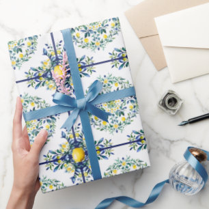 Citroen Italiaans Tegel Blauw en wit Bloemen Decou Cadeaupapier