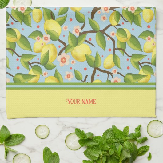 Citroen Jouw naam Geel Fun Bloemen  Theedoek (Gevouwen)