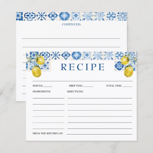 Citroen Mediterraan Blauw Tegel Bruids Recept Kaar (Voorkant / Achterkant)