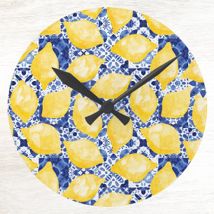 Citroen Mediterraan Blauw Wit Tegelpatroon Ronde Klok