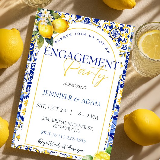 Citroen Mediterraan Blauwe Tegels Verlovingsfeest Kaart