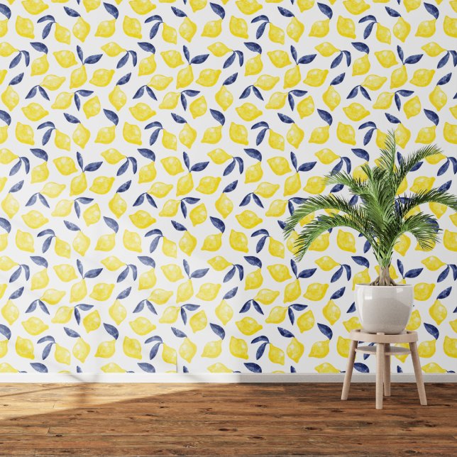 Citroen Mediterraan Geel Wit Waterverf Behang (Citrus lemon watrcolor art wallpaper)