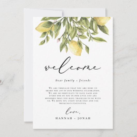 Citroen Mediterraans Bruiloft Welkomsttas kaart (Voorkant)