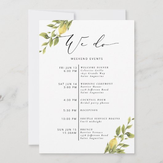 Citroen Mediterraans Bruiloft Welkomsttas kaart (Achterkant)