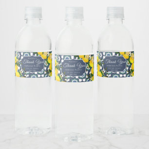 Citroen Mediterraanse Tegels Navyblauw Wit Waterfles Etiket