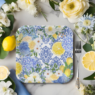 Citroen Mediterrane Tegel Blauw en Geel Bloemen Papieren Bordje