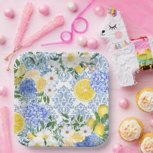 Citroen Mediterrane Tegel Blauw en Geel Bloemen Papieren Bordje (Feest)