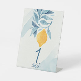 Citroen met blauwe bladeren botanische illustratie reclamebord met voetstuk