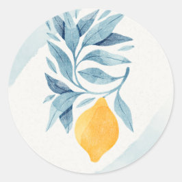 Citroen met blauwe bladeren botanische illustratie ronde sticker