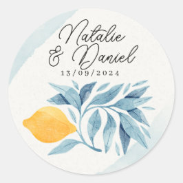 Citroen met blauwe bladeren botanische illustratie ronde sticker