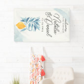 Citroen met blauwe bladeren botanische illustratie spandoek (Insitu)