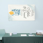 Citroen met blauwe bladeren botanische illustratie spandoek (Beurs)