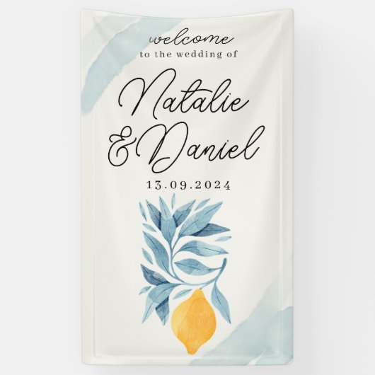 Citroen met blauwe bladeren botanische illustratie spandoek (Verticaal)