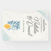 Citroen met blauwe bladeren botanische illustratie spandoek (Horizontaal)