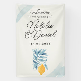 Citroen met blauwe bladeren botanische illustratie spandoek