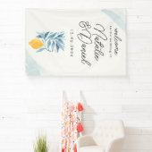 Citroen met blauwe bladeren botanische illustratie spandoek (Insitu)