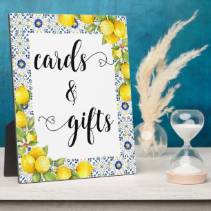 Citroen op blauwe tegels Kaarten en Cadeaus Bord Fotoplaat