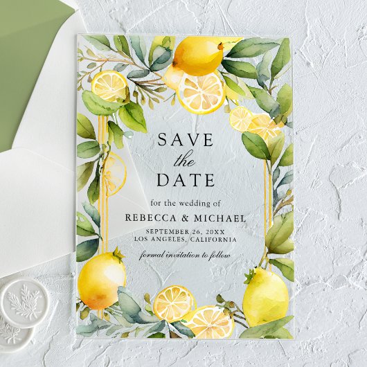 Citroen Orchard Citrus Wedding Save the Date Acryl Uitnodigingen