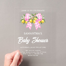 Citroen & Roze Gingham Strik Baby Shower Acryl Uitnodigingen
